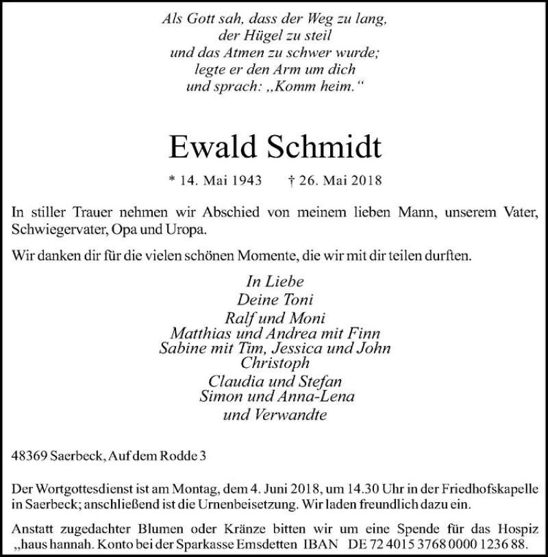  Traueranzeige für Ewald Schmidt vom 31.05.2018 aus Westfälische Nachrichten