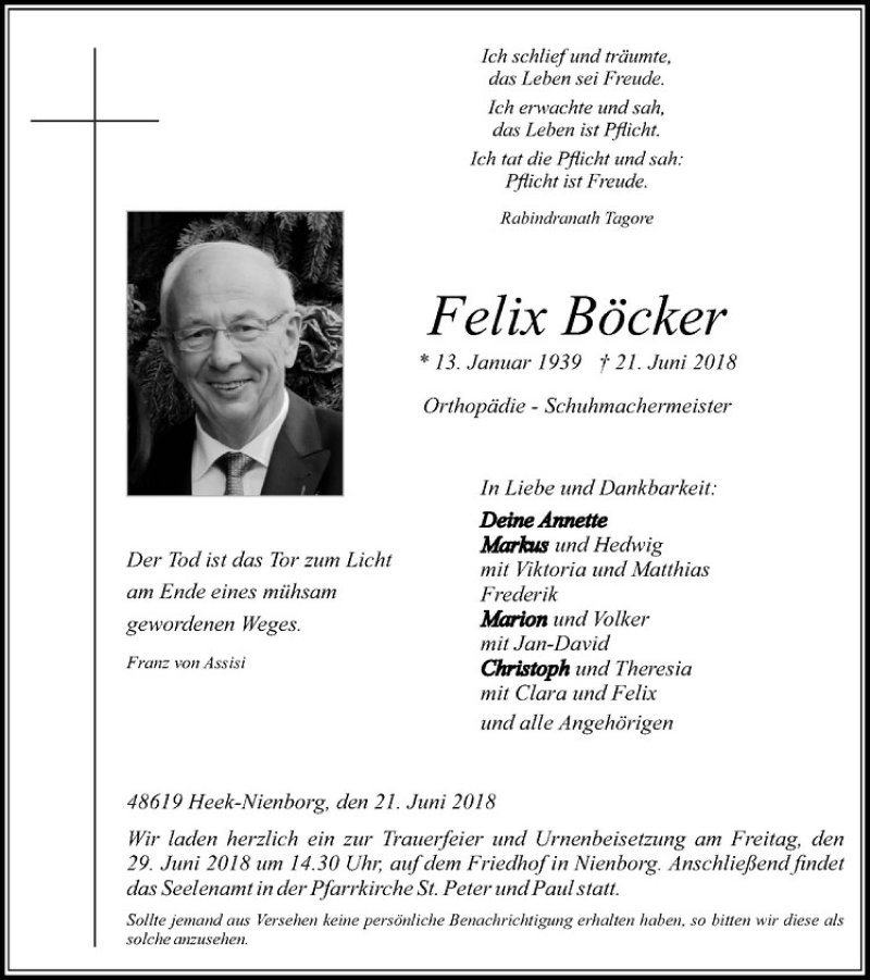  Traueranzeige für Felix Böcker vom 23.06.2018 aus Westfälische Nachrichten