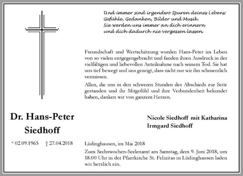  Traueranzeige für Hans-Peter Siedhoff vom 02.06.2018 aus Westfälische Nachrichten