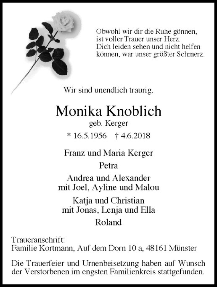  Traueranzeige für Monika Knoblich vom 16.06.2018 aus Westfälische Nachrichten