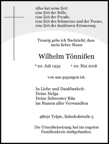 Anzeige von Wilhelm Tönnißen von Westfälische Nachrichten