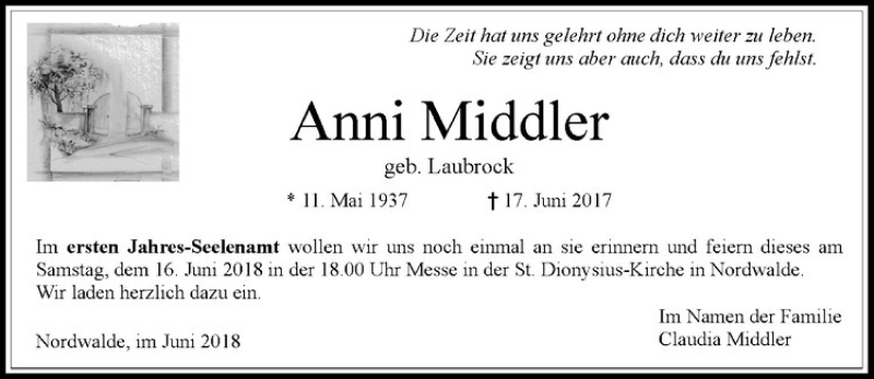  Traueranzeige für Anni Middler vom 09.06.2018 aus Westfälische Nachrichten