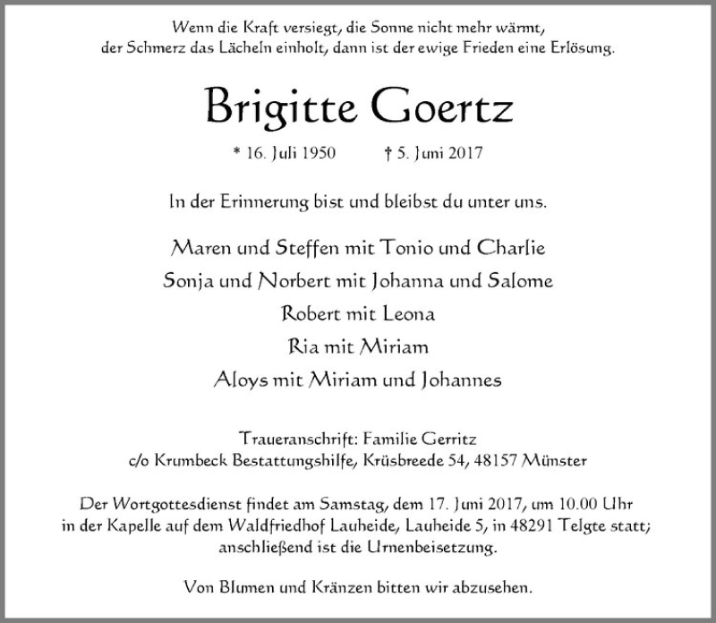  Traueranzeige für Brigitte Goertz vom 14.06.2017 aus Westfälische Nachrichten