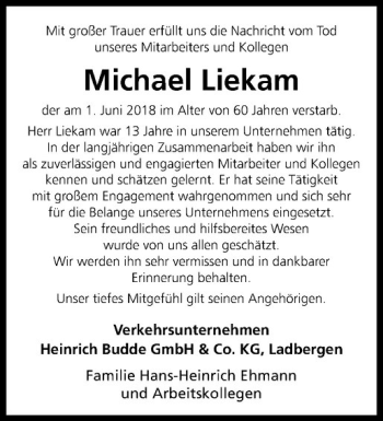 Anzeige von Michael Liekam von Westfälische Nachrichten