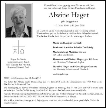 Anzeige von Alwine Haget von Westfälische Nachrichten