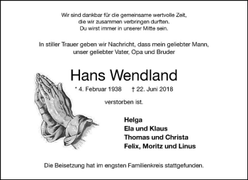 Anzeige von Hans Wendland von Westfälische Nachrichten