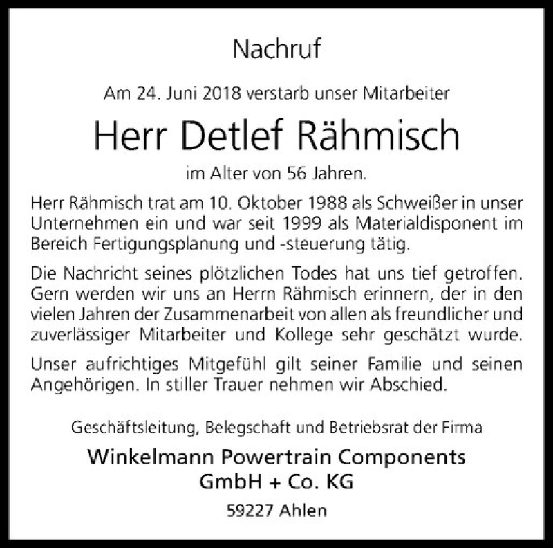  Traueranzeige für Detlef Rähmisch vom 30.06.2018 aus Westfälische Nachrichten