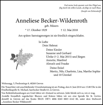 Anzeige von Anneliese Becker-Wildenroth von Westfälische Nachrichten