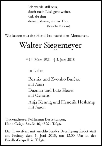 Anzeige von Walter Siegemeyer von Westfälische Nachrichten