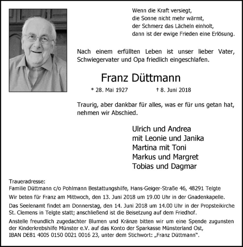  Traueranzeige für Franz Düttmann vom 12.06.2018 aus Westfälische Nachrichten