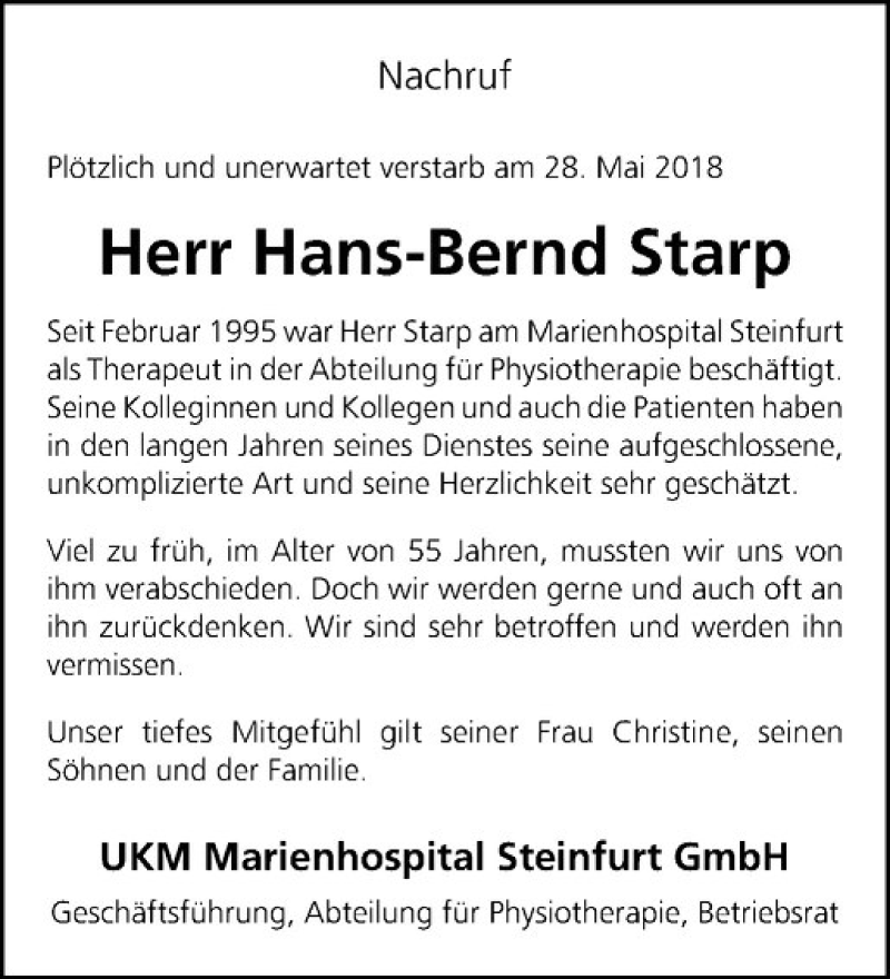  Traueranzeige für Hans-Bernd Starp vom 05.06.2018 aus Westfälische Nachrichten