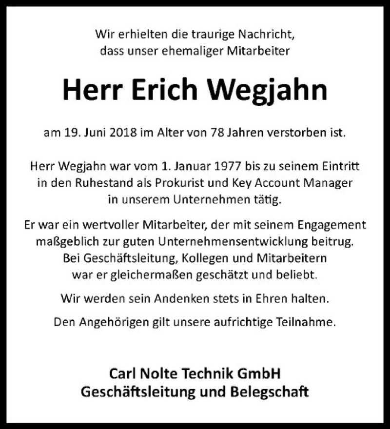  Traueranzeige für Erich Wegjahn vom 29.06.2018 aus Westfälische Nachrichten