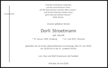 Anzeige von Dorli Stroetmann von Westfälische Nachrichten