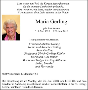 Anzeige von Maria Gerling von Westfälische Nachrichten