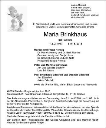 Anzeige von Maria Brinkhaus von Westfälische Nachrichten