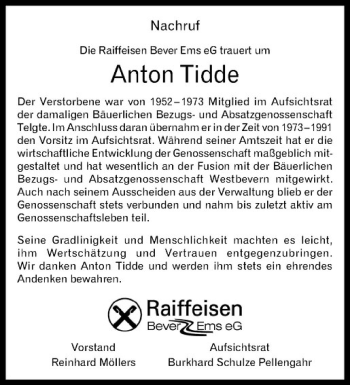 Anzeige von Anton Tidde von Westfälische Nachrichten