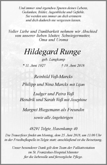 Anzeige von Hildegard Runge von Westfälische Nachrichten