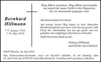 Anzeige von Bernhard Hillmann von Westfälische Nachrichten