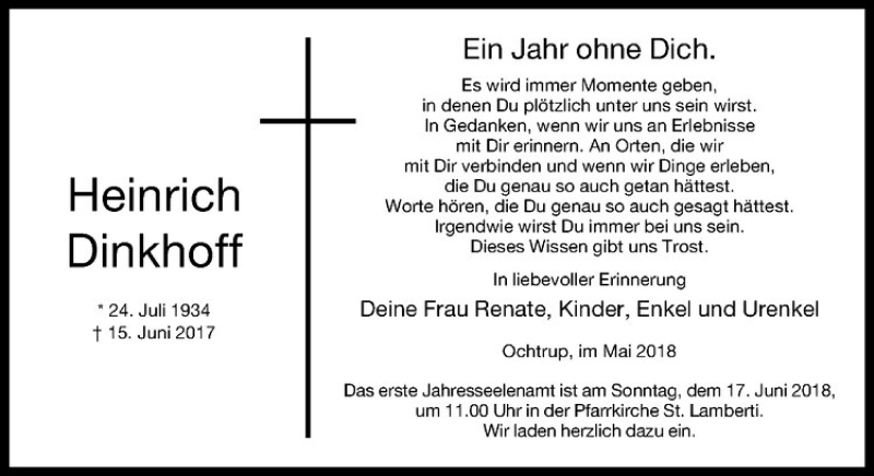  Traueranzeige für Heinrich Dinkhoff vom 13.06.2018 aus Westfälische Nachrichten