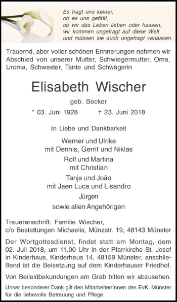 Anzeige von Elisabeth Wischer von Westfälische Nachrichten