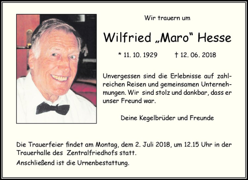  Traueranzeige für Wilfried Hesse vom 30.06.2018 aus Westfälische Nachrichten