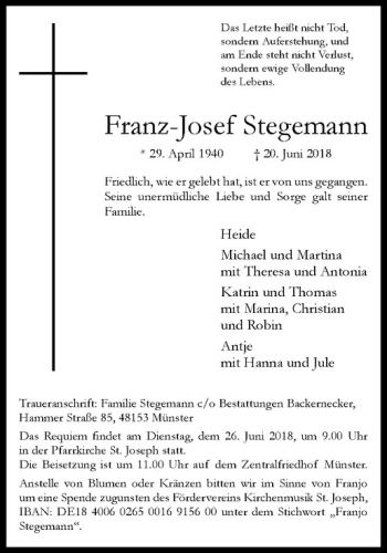 Anzeige von Franz-Josef Stegemann von Westfälische Nachrichten