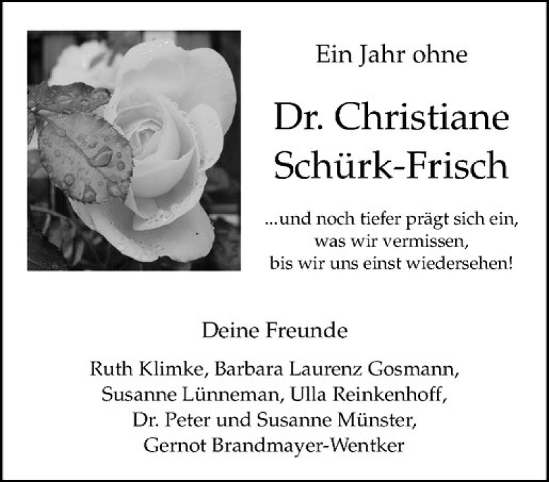  Traueranzeige für Christiane Schürk-Frisch vom 31.05.2018 aus Westfälische Nachrichten