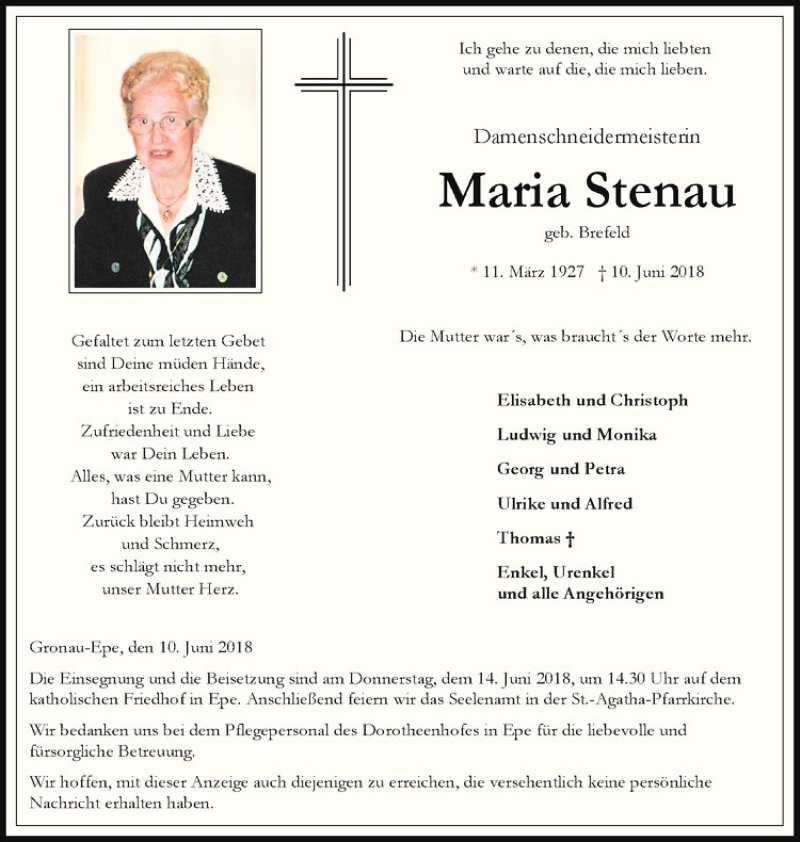  Traueranzeige für Maria Stenau vom 13.06.2018 aus Westfälische Nachrichten