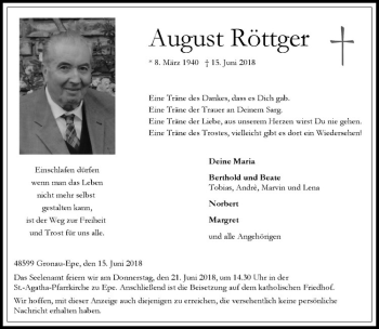 Anzeige von August Röttger von Westfälische Nachrichten