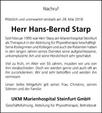 Anzeige von Hans-Bernd Starp von Westfälische Nachrichten