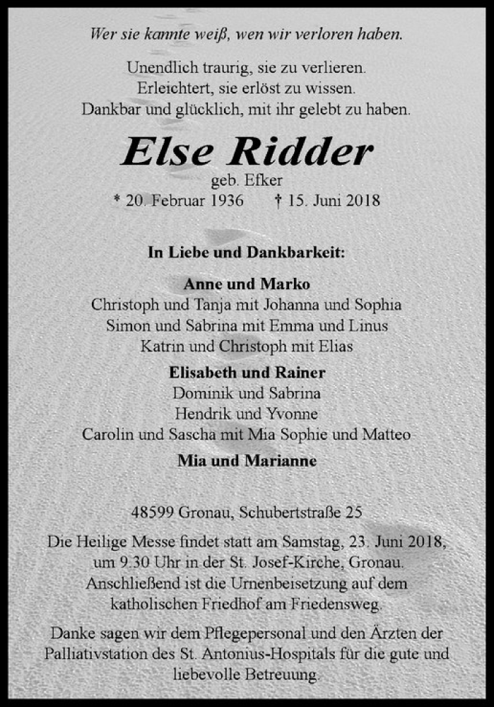  Traueranzeige für Else Ridder vom 20.06.2018 aus Westfälische Nachrichten