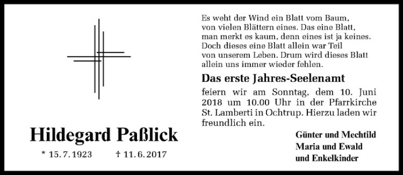  Traueranzeige für Hildegard Paßlick vom 08.06.2018 aus Westfälische Nachrichten