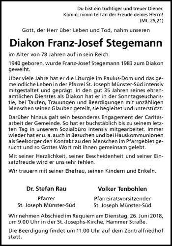 Anzeige von Franz-Josef Stegemann von Westfälische Nachrichten