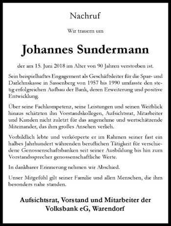 Anzeige von Johannes Sundermann von Westfälische Nachrichten