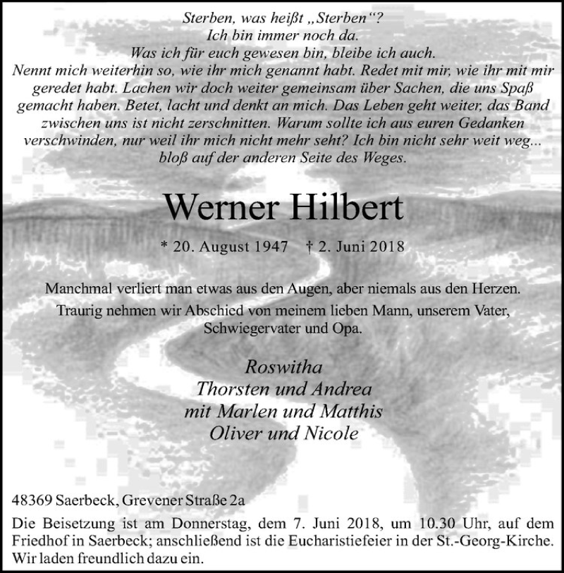  Traueranzeige für Werner Hilbert vom 05.06.2018 aus Westfälische Nachrichten