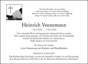 Anzeige von Heinrich Vennemann von Westfälische Nachrichten