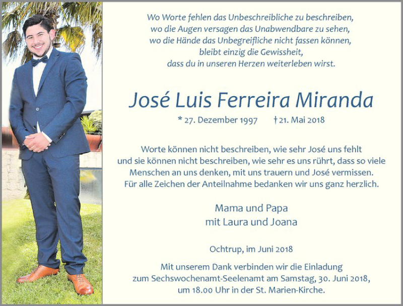  Traueranzeige für Jose Luis Ferreira Miranda vom 27.06.2018 aus Westfälische Nachrichten