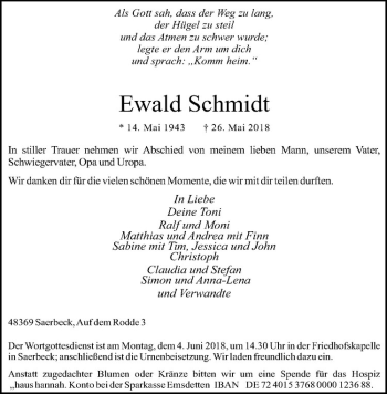 Anzeige von Ewald Schmidt von Westfälische Nachrichten