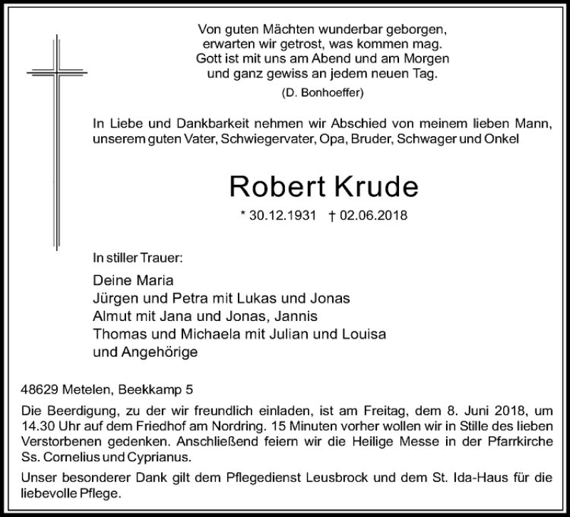  Traueranzeige für Robert Krude vom 05.06.2018 aus Westfälische Nachrichten