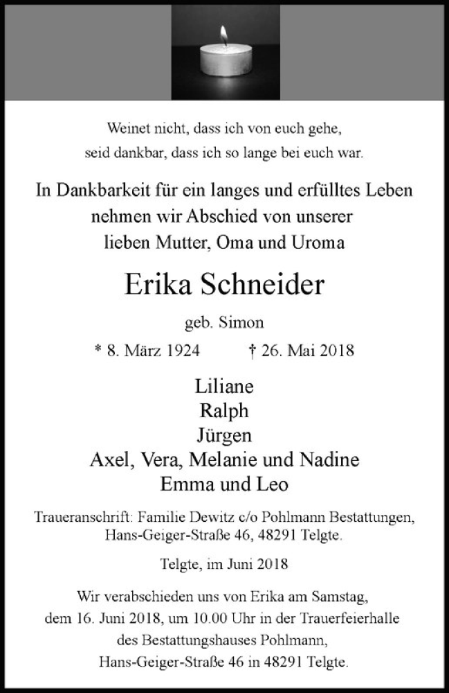  Traueranzeige für Erika Schneider vom 09.06.2018 aus Westfälische Nachrichten