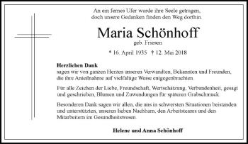 Anzeige von Maria Schönhoff von Westfälische Nachrichten