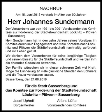 Anzeige von Johannes Sundermann von Westfälische Nachrichten