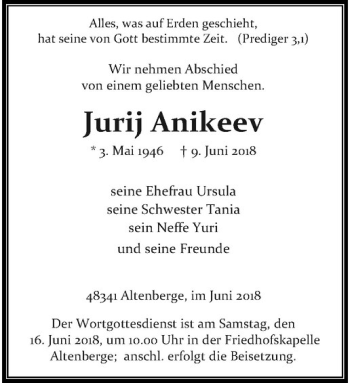 Anzeige von Juriy Anikeev von Westfälische Nachrichten