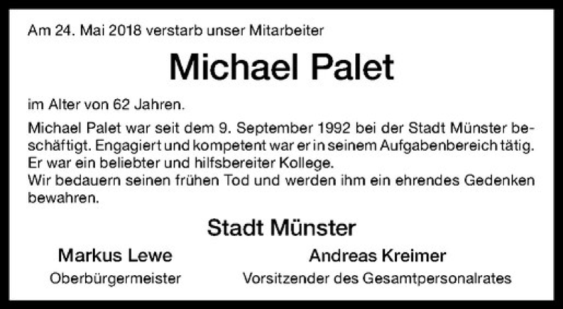  Traueranzeige für Michael Palet vom 16.06.2018 aus Westfälische Nachrichten