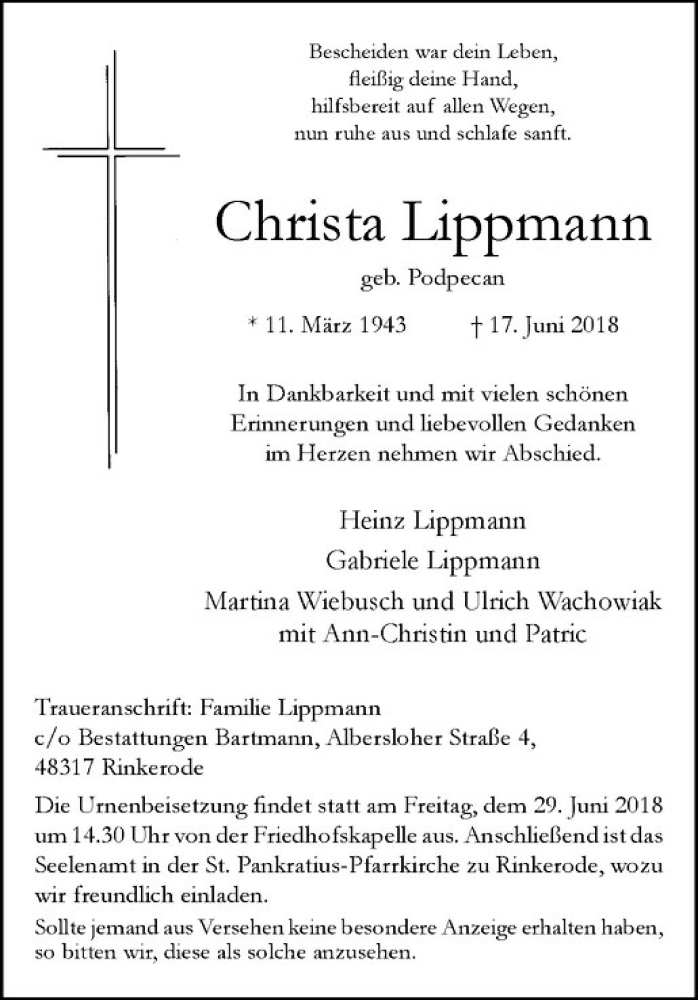  Traueranzeige für Christa Lippmann vom 23.06.2018 aus Westfälische Nachrichten