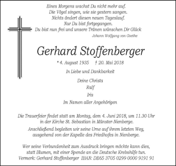 Anzeige von Gerhard Stoffenberger von Westfälische Nachrichten