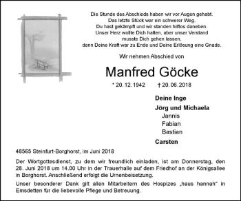 Anzeige von Manfred Göcke von Westfälische Nachrichten