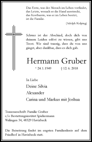 Anzeige von Hermann Gruber von Westfälische Nachrichten