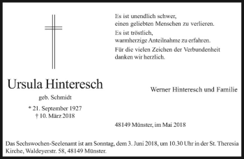 Anzeige von Ursula Hinteresch von Westfälische Nachrichten