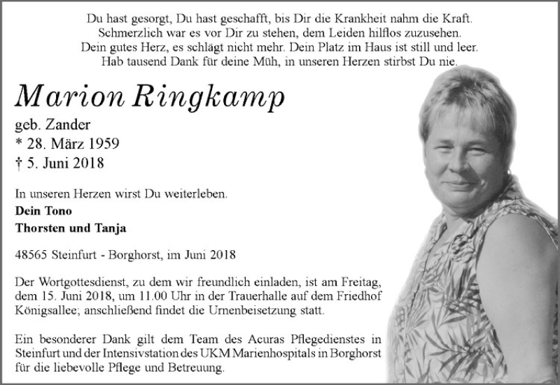  Traueranzeige für Marion Ringkamp vom 13.06.2018 aus Westfälische Nachrichten